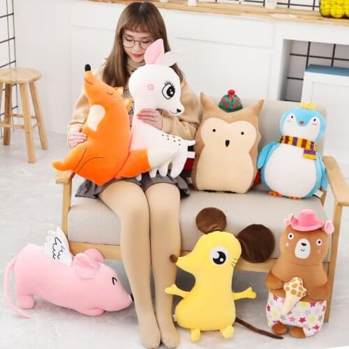 Cartoon simulation animal doll plush toy soft squirrel bear mouse penguin deer fox stuffed pillow girl baby gift forest toy cute