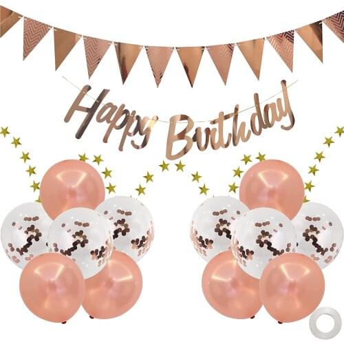 15pcs/set Happy Birthday Banner Balloon Set Rose Gold Latex Ballon With Star Gold string for Girl Boy Birthday Party Decoration