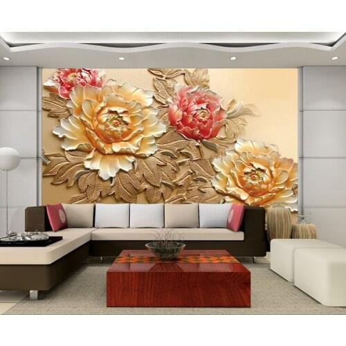 Wholesale 3d Chinese Style Mural with Peony Flower for Sofa TV Background Living Room 3d Wall Photo Murals Vinyl Embossed Fresco