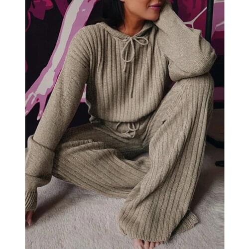 Autumn Winter Knitted Pajama Set Women Hooded Pajama Pants Home Suit for Women Long Sleeve Sleepwear Loose Lounge Wear Ladies