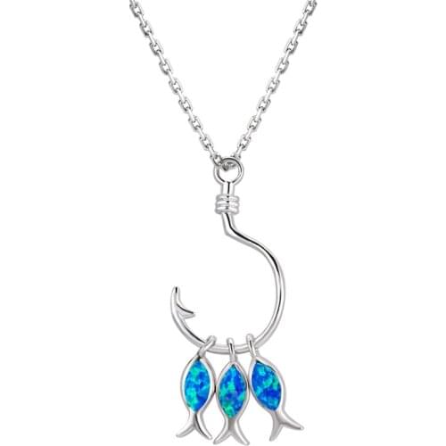 Cute Female Blue White Opal Pendant Necklace Fashion Silver Color Animal Chain Necklaces For Women Wedding Fish Hook Necklace