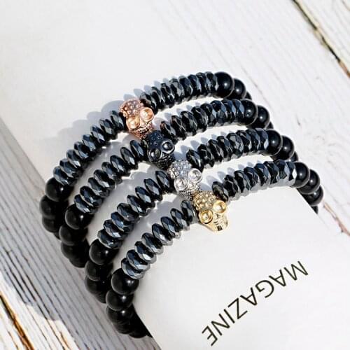 Luxury Black Beads Natural Stones Skull Bracelet Bangle Homme Charm Hematite Beads Men Bracelet Pulseras Mujer