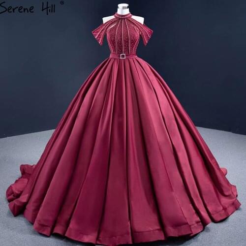 Serene Hill Wine Red Satin Luxury Wedding Dresses Gowns 2021 Beading Crystal Lace Up Bridal Dress HM67249 Custom Made