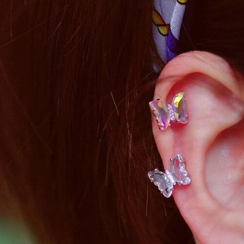 1Pcs Gradient Crystal Butterfly Stud Earrings For Girl Titanium steel Helix Screw Piercing Ear Bone Nails Tragus Earring Jewelry