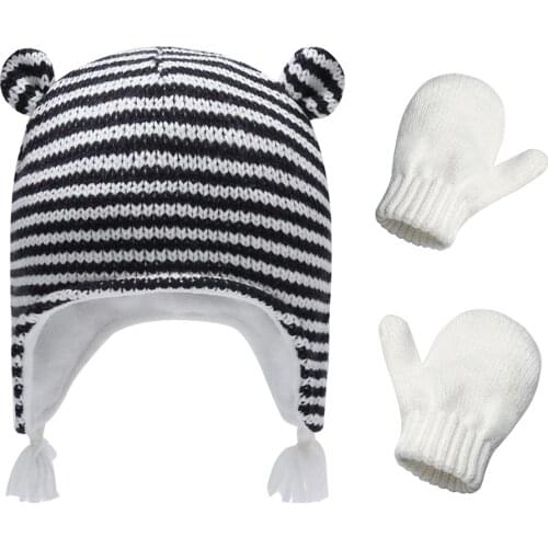 Earflap Hat Gloves Set Girl Winter Knit Beanie Warm Stripe Fleece Baby Boy Autumn Skiing Outdoor Accessory For Toddler