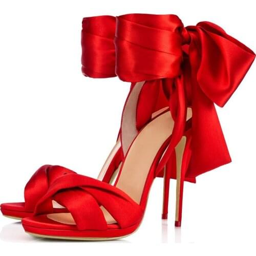 Sexy Big Bowtie Bandage Red black Satin Fabric Sandals Stiletto Heels Silk Lace-Up Butterfly-Knot Bridal Shoes Celebrity Pump