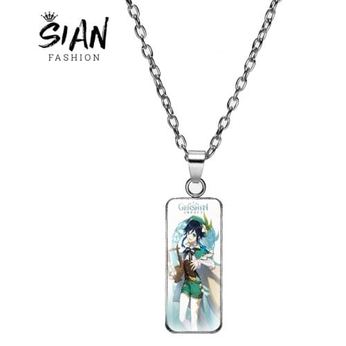SAIN Chic Anime Genshin Impact Pendants Cartoon Figure Zhongli Rectangle Necklace Fashion Fine Jewelry Great Gifts for Girl Boy