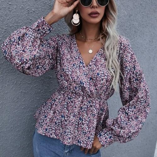 2021 Autumn Spring Long Sleeve Women Blouse Printed Fashion Ladies Tops V-neck Elastic Waist Skinny Casual Office Female Blouses