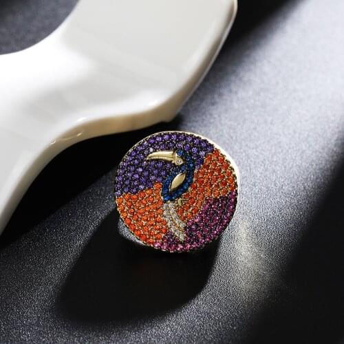 Woman Luxury Colorful Zirconia Gemstone Party Big Woodpecker Bird Ring Gold Color Anillos Mujer Zk30