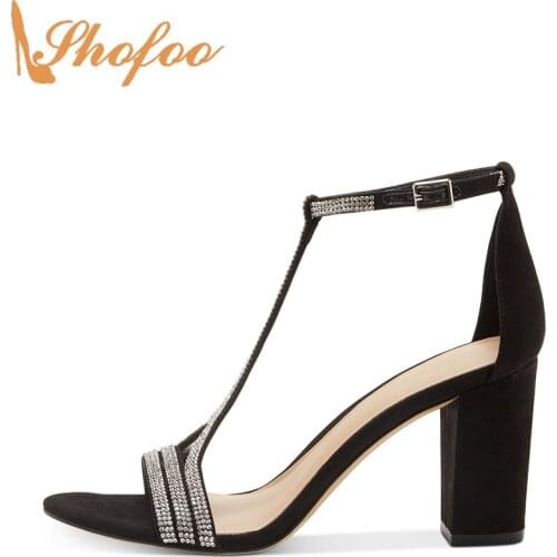 Black High Chunky Heels Sandals Woman Large Size 13 15 Ladies Summer Fashion Crystal Ankle T-Strap Buckle Mature Shoes Shofoo