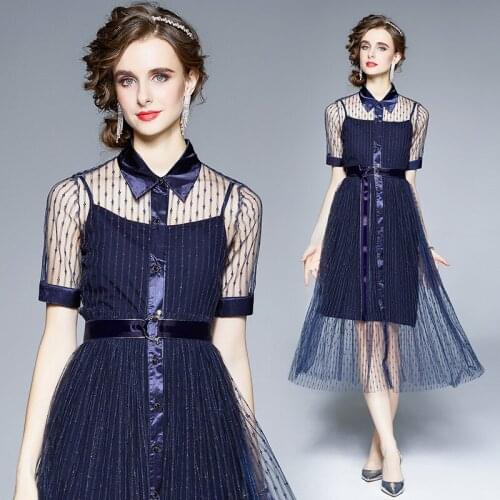 Runway Fashion Blue Mesh Dress Women Summer Patchwork Single Breasted Midi Stripe Dresses Vestidos Robe Femme Clothing