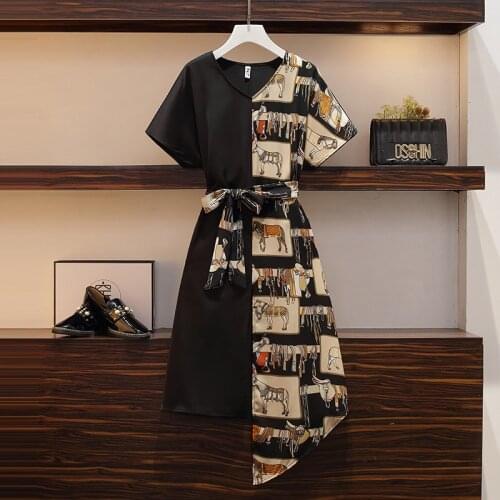 Vintage Dress for Women Summer 2020 Casual Loose Print Stitching Irregular Streetwear Dresses Ladies V-neck Bandage Midi Vestido