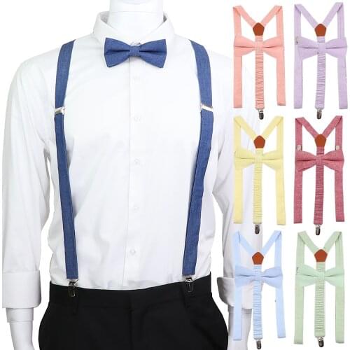 100% Cotton Elastic Leather Suspenders Bowtie Set Men Women Braces Adjustable Straps For Wedding Shirt Suit Accessories Gift