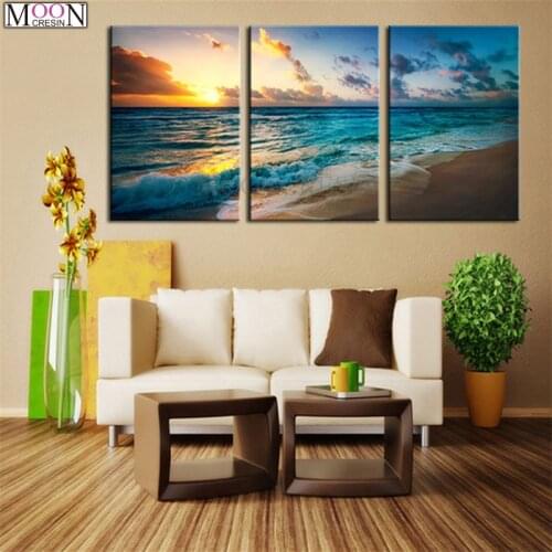 5D DIY Diamond Painting Cross Stitch Triptych Sea Beach Landscape Diamond Embroidery Square Full Drill Diamond Mosaic Decoration