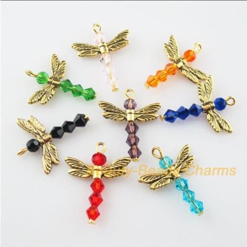 8 New Charms Animal Dragonfly Mixed Pendants Antiqued Gold Tone 20x25mm