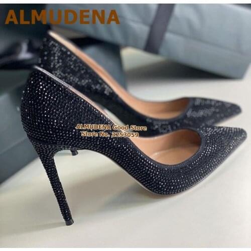 ALMUDENA Black Crystal Pointed Toe High Heel Shoes Stiletto Heels Slip-on Rhinestone Wedding Pumps Glittering Banquet Heels