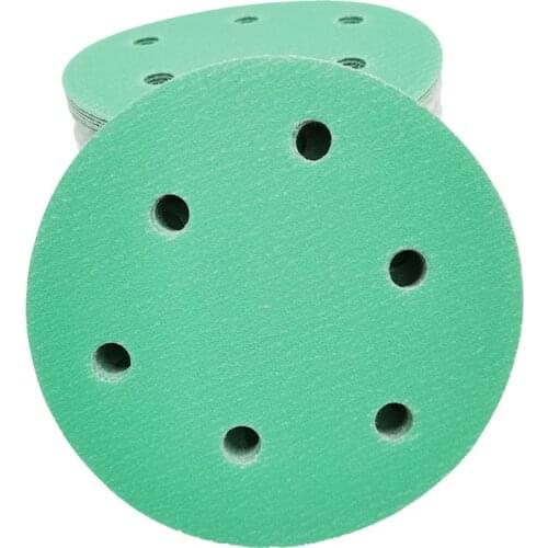 ATPRO 100PCS Green 5 inch 6 Hole Round Sandpaper For Grinding and Polishing Car Dry Self-adhesive Flocking Pneumatic Machine