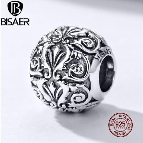 BISAER Genuine 925 Sterling Silver European Love Beads Round Circle Charms fit Women Bracelets Vintage Jewelry Making ECC1179