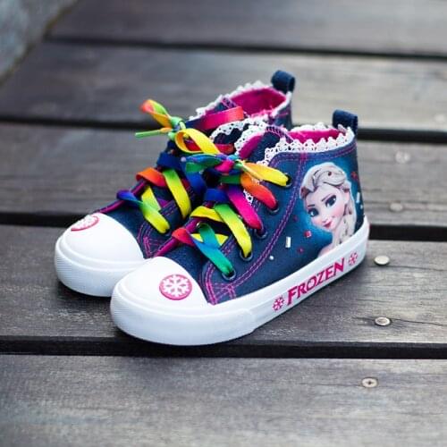 Girls Canvas Shoes Frozen Aisha Princess Girls Denim Shoes Spring Board Shoe Big Kids Casual Single Shoes Lace-Up Anti-Slippery