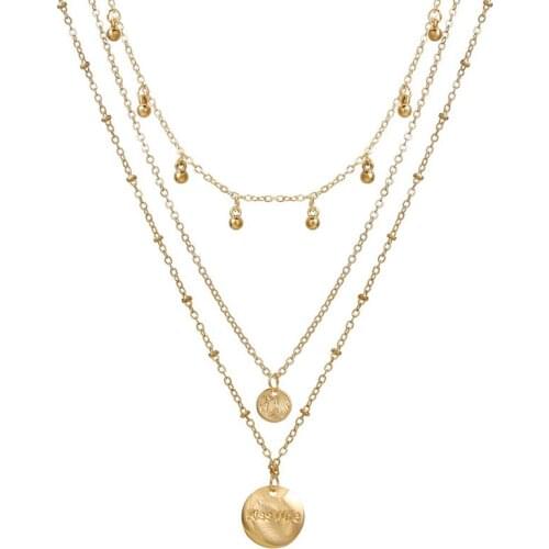 Geometric Round Coin Pendant Necklaces for Women Female Multi -Layer Gold Beads Chain Letter Necklace Jewelry ketting collier
