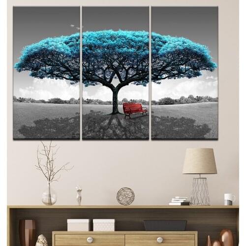 Canvas Prints Paintings Framework Living Room Decor 3 Pieces Blue Big Tree Red Chair Pictures Abstract Landscape Poster Wall Art