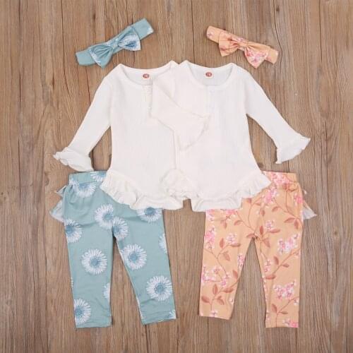 3PCS Infant Baby Girl Clothes Long Sleeve Crewneck Ruffle Button Romper + Floral Pants + Headband Set