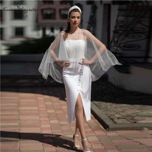 Short Mermaid Wedding Dresses Pearls Cloak Simple Bridal Gowns with Slit Tea Length Strapless Plus Size Bride Dress Sparkle Top