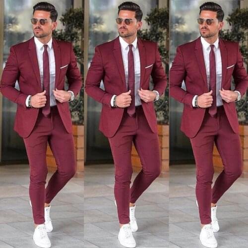 Custom Burgundy Men Suit Elegant Blazers For Party Prom Groom Wedding Suits Notched Lapel Mens Tuxedos 2 Pieces Jacket + Pants