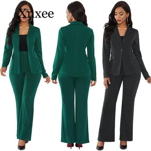 Green womens suit office two piece set long sleeve suit pants 2 piece set female winter office female green elegant formal