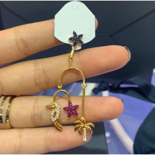 Brand 1:11 Piece Fashion Copper Ring Single Gold Color Tropical Palm Floral Toucan Earring Pave Zircon for Women Jewelry