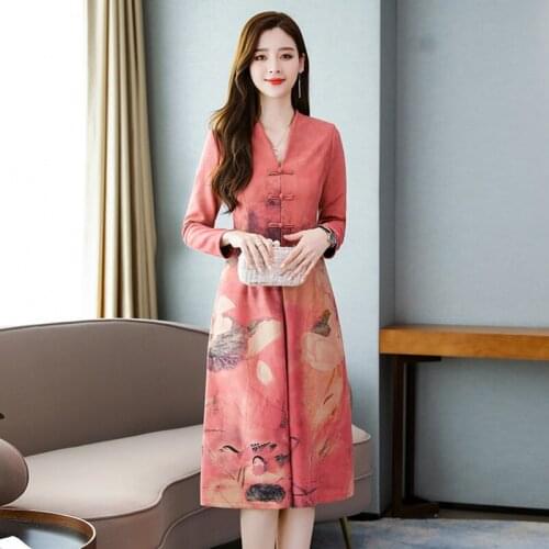 Modern Chinese Cheongsam Qipao Women Oriental Dress Floral Print Vestido Autumn Sexy Asian Dress Elegant Chinese Dresses FF2517