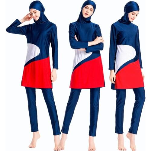 2020 New Burkini Patchwork Islamic Swim Wear Bourkini Sport Burkinis Women Hijab Sport Islami Mayo Long sleeve Muslim Swimsuit