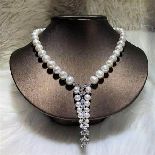 Hot sell new style 43cm 9-10mm white freshwater pearl necklace zircon accessories sweater chain fashion jewelry