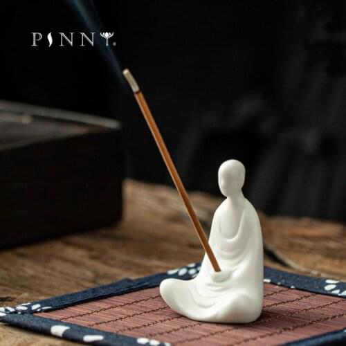 PINNY White Porcelain Zen Buddha Decoration Ceramics Buddhas Decoration Statue Stick Incense Burner Monk Figurine