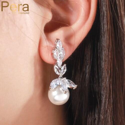Pera Fashion Design Big Dangling White Pearl Drop Earrings Marquise Cut Cubic Zirconia Ear Jewelry Party Gift for Women E442