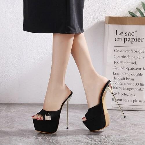 17CM Platform Slippers Flock Metal Decoration Stripper Heels Nightclub Sexy Fetish Models Show Fashion Party Full Dress Mature
