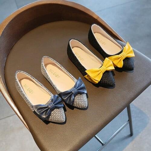 Children Flats for Medium Big Girls Bow-knot Lady Chic Pointed Toes Fashion Loafers Boat Shoes Slip-on Soft Leather Kids Shoes
