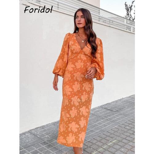 Foridol Lantern Sleeve V Neck Orange Autumn Winter Party Dress Women Vestidos De Fiesta Elegant Maxi Long Dress Office Ladies