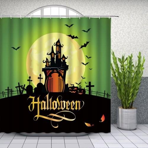 Halloween Shower Curtains Evil Pumpkin Lantern Night Bat Orange Moon Holiday Themed Bathroom Decor Polyester Fabric Curtain Set