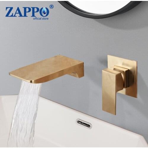 ZAPPO Brushed Gold Bathroom Bathtub Faucet Wall Mounted Soild Brass Waterfall Water Basin Embedded Box Valve Bathtub Mixer Tap