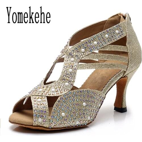 Women Ballroom Latin Dance Shoes Professional Dancing Shoes Boots Rhinestones Girls Ladies Heeled Tango Soft Soles Hot Selling