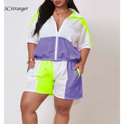 Women Two Piece Set Summer Lapel Casual Sports Contrast Color Stitching Sleeves Zipper Top Shorts Suit Sexy Outfit For Woman