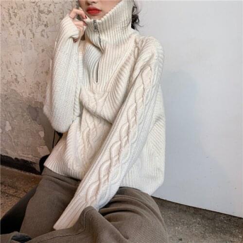 Chic Stand Collar Zipper Up Women Sweaters 2020 new Autumn Winter Loose Twist Striped Long Sleeve Female Knitted Pullovers