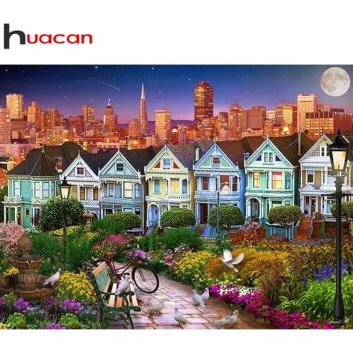 Huacan Diamond Art Painting City Scenery Diamond Embroidery Mosaic Town Building Landscape Home Decor Wall Stickers