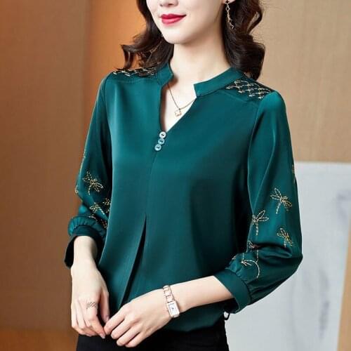 Satin Women Shirts Summer New 2021 Embroidery V-Neck Loose Oversized 4XL Vintage Office Lady Pulls Outwear Tops