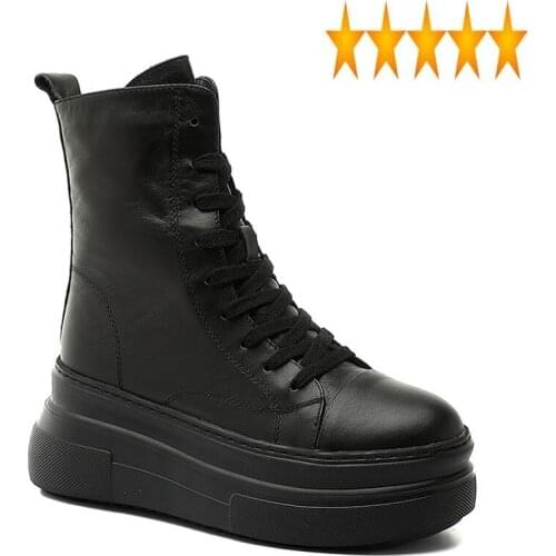 High Winter New Women Platform Heel Ankle Casual Genuine Leather Warm High-Top Boots Height Increased Thin Fleece Sneakers