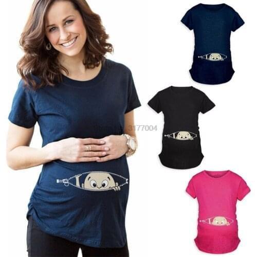 DHL 50pcs Summer Maternity Pregnancy T Shirt Women Cartoon Baby Print Staring Pregnant Clothes Funny T-shirt Plus Size M-3XL