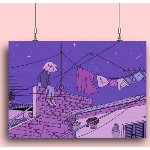 HD Prints Roof Girl Canvas Painting Wall Art Aestheticism Night View Modular Pictures Home Decor Anime Poster For Living Room