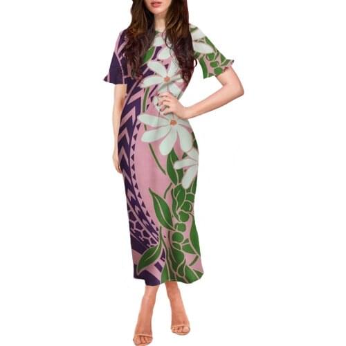 HYCOOL New Arrival Hawaii Tribal Print Women Elegant O-neck Short Sleeve A-line Party Dress Casual Simple Soft Midi Dress Robe