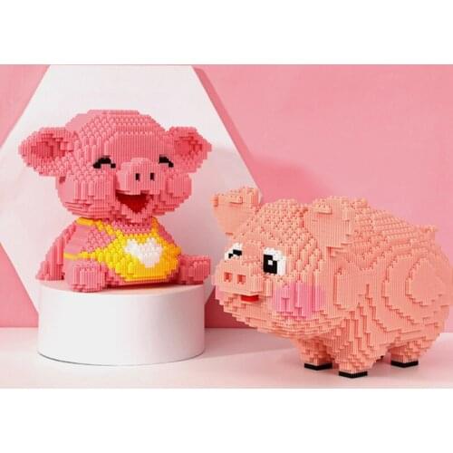 Cartoon Happy Pig DIY Diamond Mini Building Block Big Pink Pig Animal 3D Model Auction Digital Building Brick Assembly Toy Gift